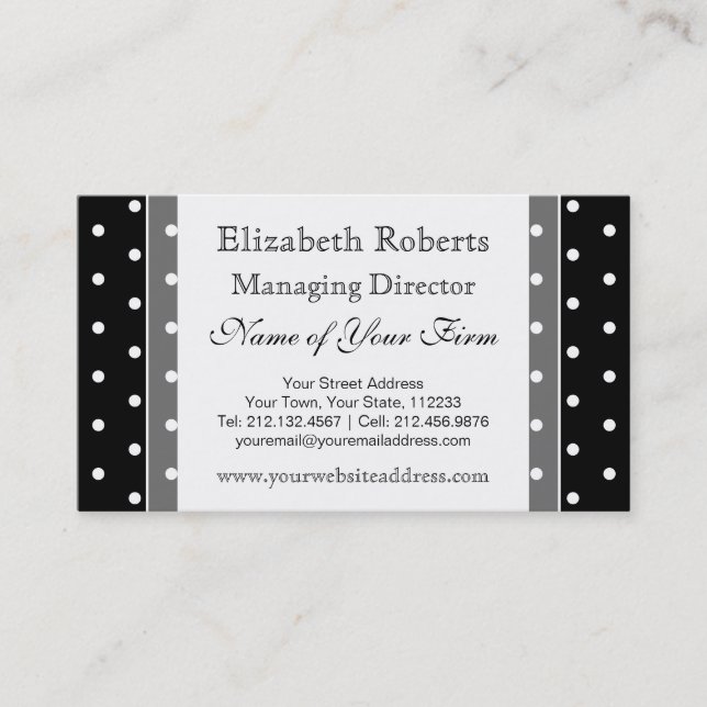 Elegant Black and White Retro Polka Dots Business Card (Front)