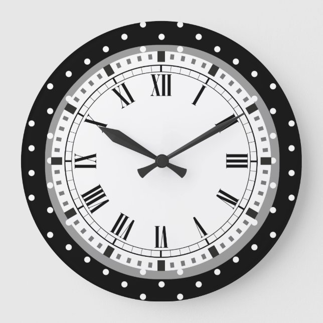 Elegant Black and White Retro Polka Dots Large Clock (Front)