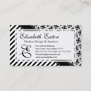 Elegant Black and White Retro Stripes and Damask Business Card