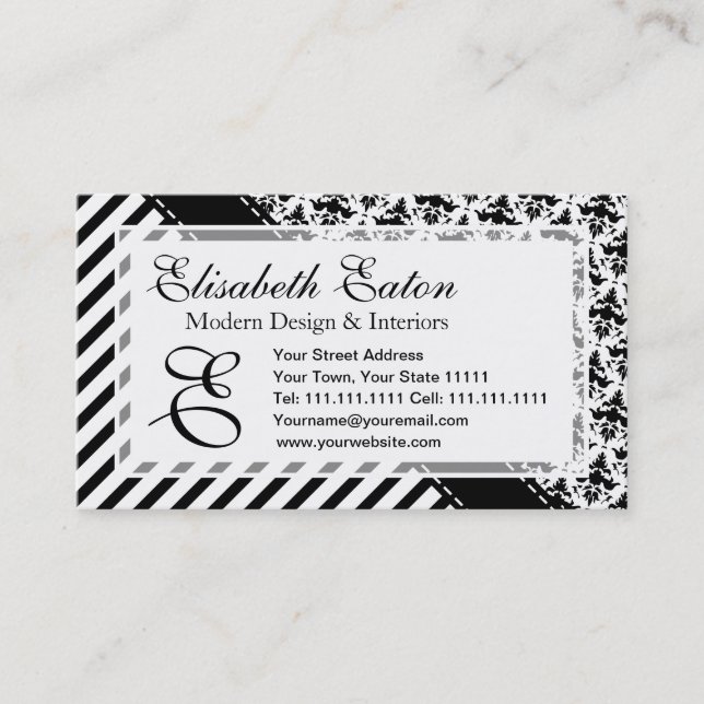 Elegant Black and White Retro Stripes and Damask Business Card (Front)