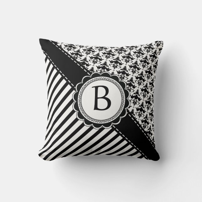 Elegant Black and White Retro Stripes and Damask Cushion (Front)