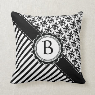 Elegant Black and White Retro Stripes and Damask Cushion