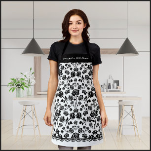 Elegant Black and White Rose Floral Apron