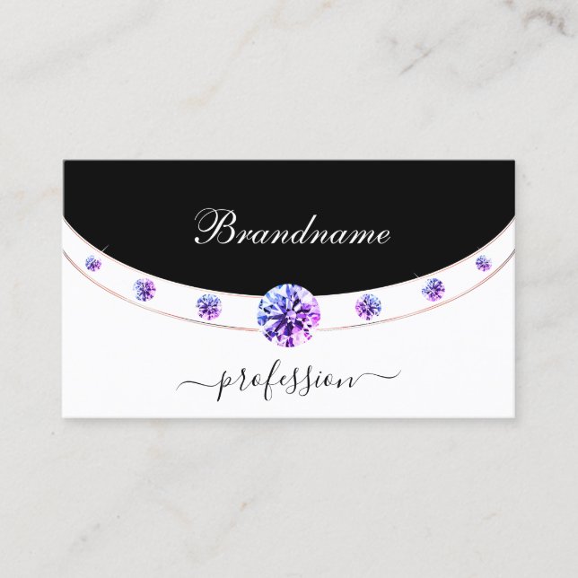 Elegant Black and White Rose Gold Purple Diamonds  Business Card (Front)
