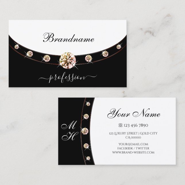 Elegant Black and White Rose Gold with Monogram Business Card (Front/Back)