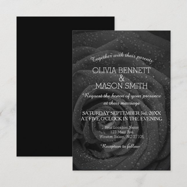 Elegant Black and White Rose Wedding Invitation (Front/Back)