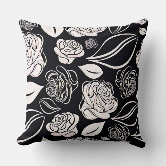 Elegant Black and White Roses and Leaves  Cushion (Front)