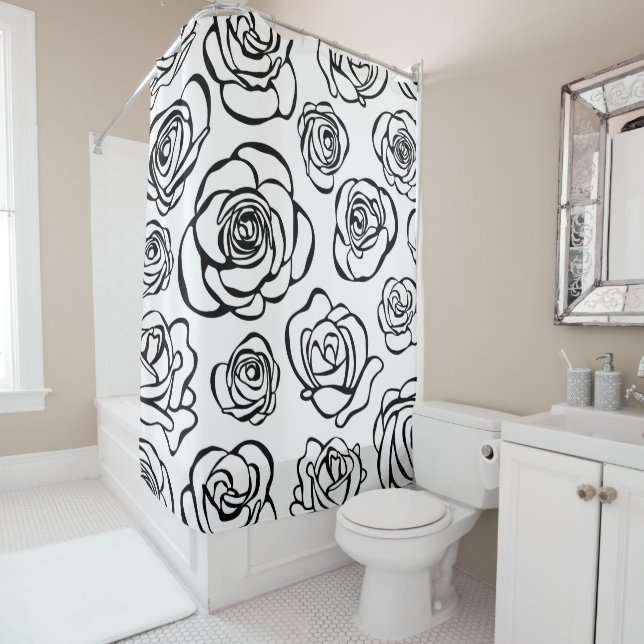 Elegant Black and White Roses on White Background Shower Curtain (In Situ)