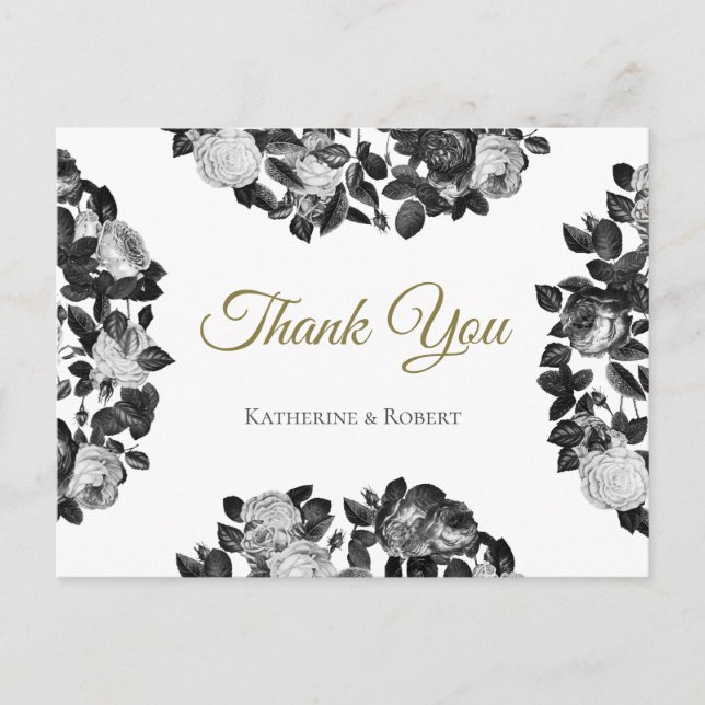Elegant Black And White Roses Thank You Postcard (Front)