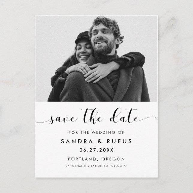 Elegant black and white save the date photo postcard (Front)