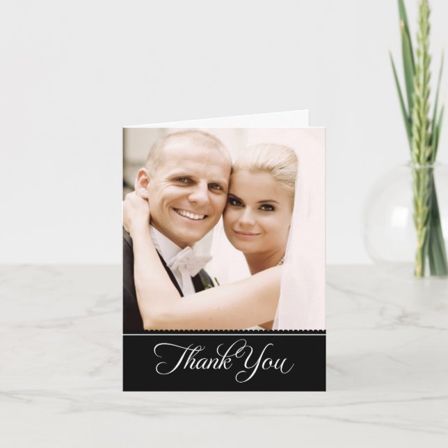 Elegant Black and White Scalloped Wedding Photo Thank You Card (Front)