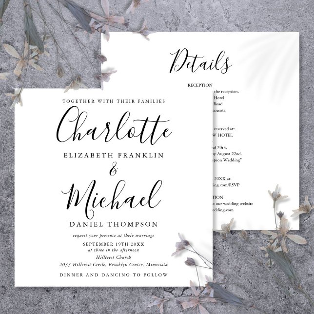Elegant Black And White Script All In One Wedding Invitation (Elegant Black And White Script All In One Wedding Invitation)
