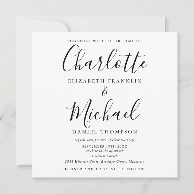 Elegant Black And White Script All In One Wedding Invitation (Front)