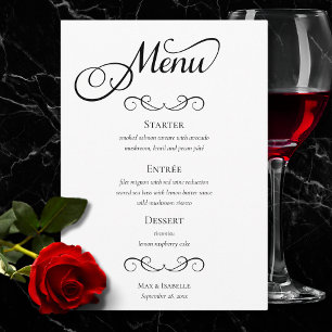 Elegant Black and White Script Calligraphy Wedding Menu