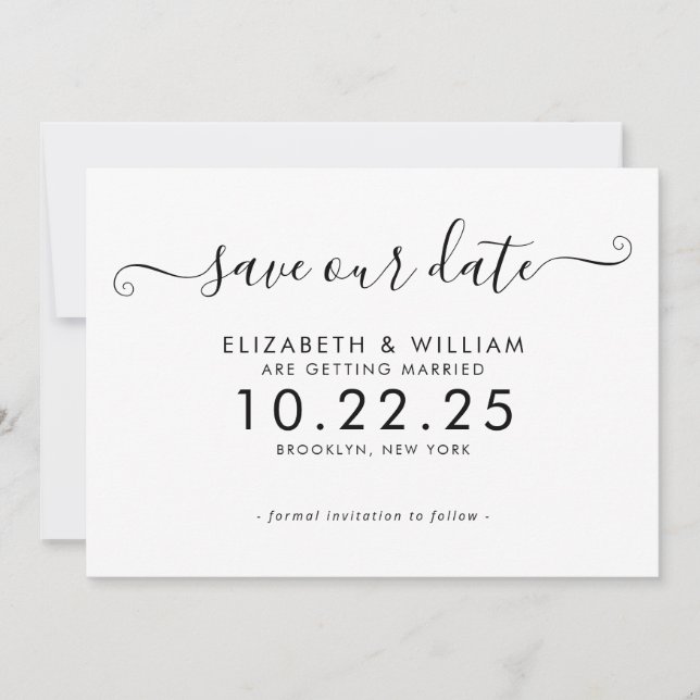 Elegant Black and White Script Calligraphy Wedding Save The Date (Front)