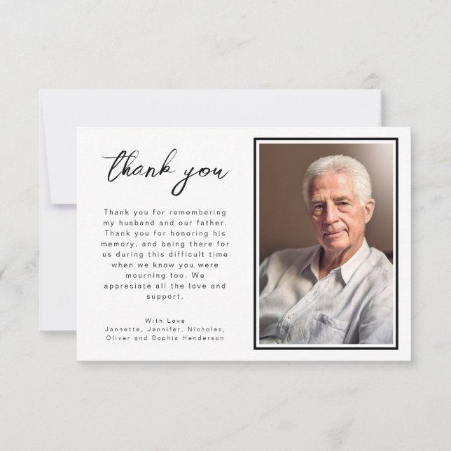 Elegant Black And White Script Funeral Photo Thank You Card (Front)