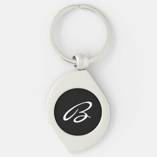 Elegant Black and White Script Monogram Silver Key Ring (Front)