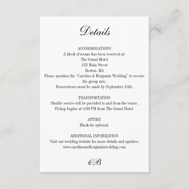 Elegant Black and White Script Monogram Wedding Enclosure Card (Front)