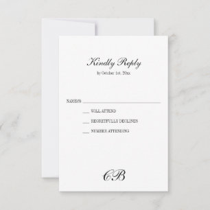 Elegant Black and White Script Monogram Wedding RSVP Card