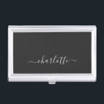 Elegant Black and White Script Name Personalised   Business Card Holder<br><div class="desc">A clean and sophisticated business card case featuring a solid black backdrop with an elegant white calligraphy-style name centred for a refined personal touch. This look is perfect for professionals, entrepreneurs, or students who want a minimalist aesthetic with a stylish, modern edge. The contrast of dark and light keeps it...</div>