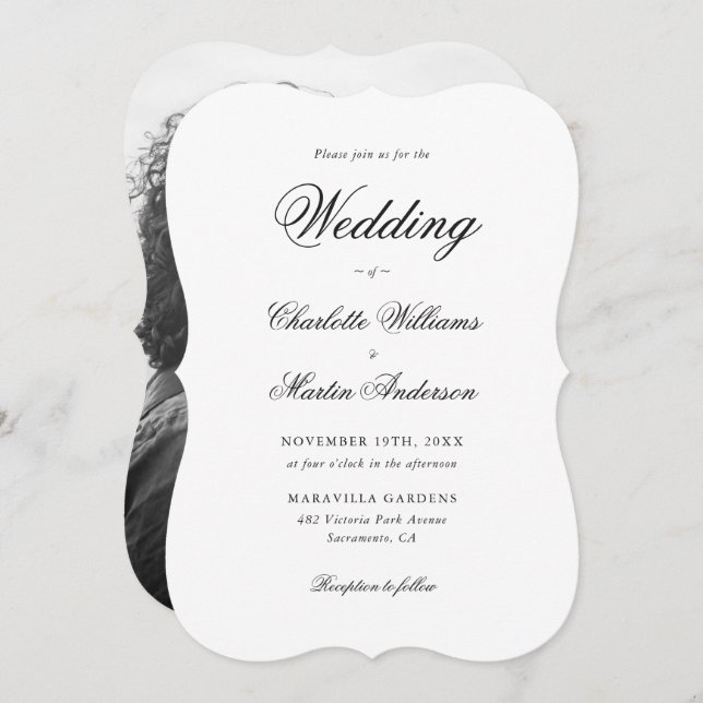 Elegant Black and White Script Photo Wedding Invitation (Front/Back)