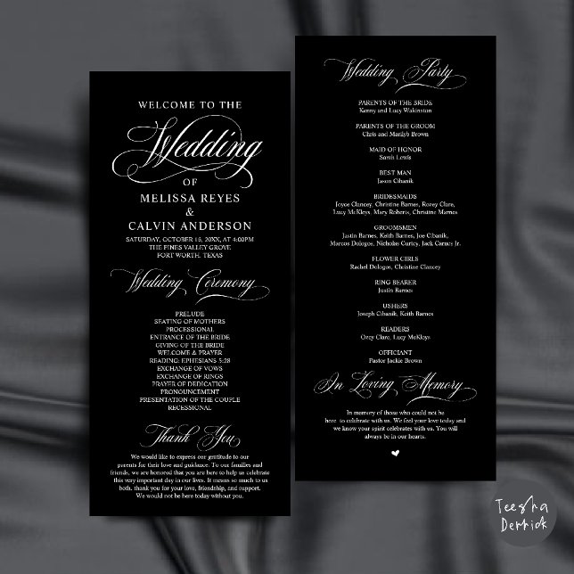 Elegant Black and White Script Wedding Ceremony Programme (Elegant Classic Black and White Script Wedding Ceremony Program Card)