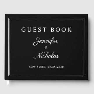 Elegant Black And White Script Wedding Guest Book
