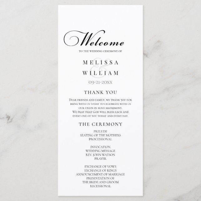 Elegant Black and White Script Wedding Programme (Front)