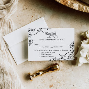 Elegant Black and White Scrolls Wedding RSVP Card