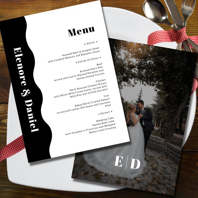 Elegant Black and White Side Wave Photo Wedding Menu (Elegant Black and White Side Wave Photo Wedding Menu)