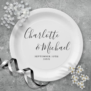 Elegant Black And White Signature Script  Wedding Paper Plate