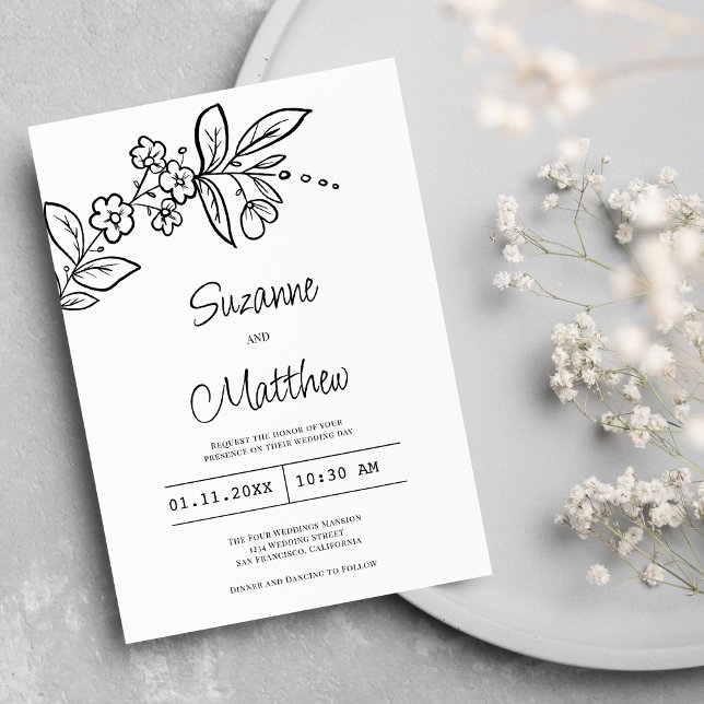 Elegant black and white simple floral wedding invitation (Elegant black and white simple floral wedding)