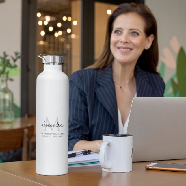 Elegant Black and White Simple Monogram Name Water Bottle (Creator Uploaded)