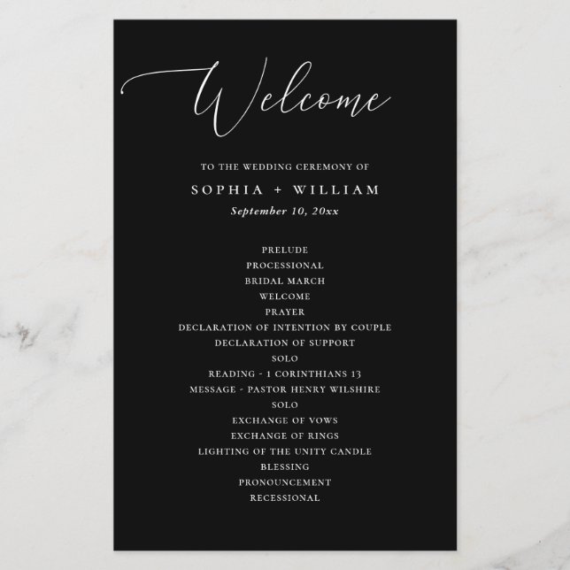 Elegant black and white simple wedding program (Front)