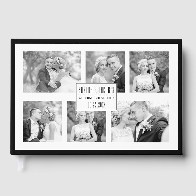 Elegant black and white six photo collage wedding guest book (Front)