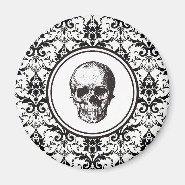 Elegant Black And White Skull Damask Magnet (Front)