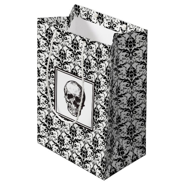 Elegant Black And White Skull Damask Medium Gift Bag (Front Angled)