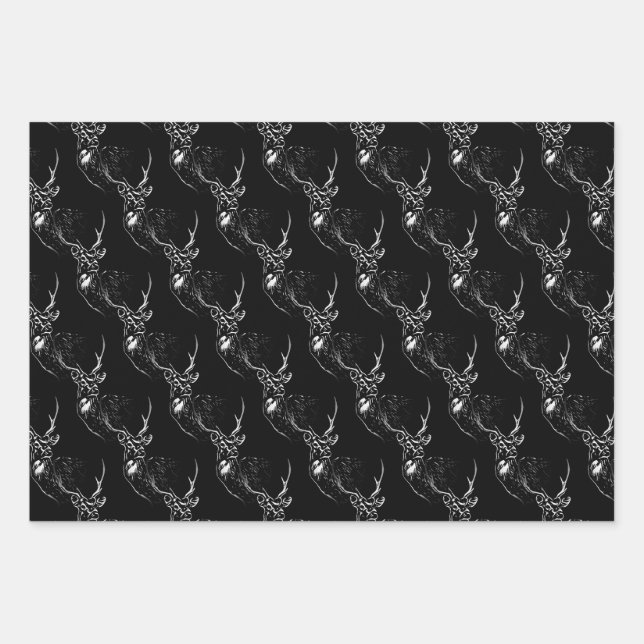 Elegant Black and White Stag Head  Wrapping Paper Sheet (Front)