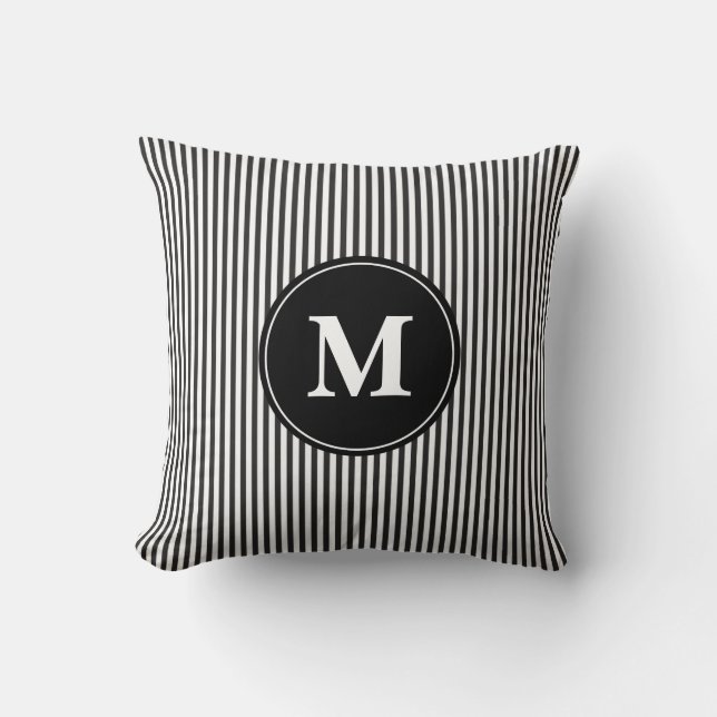 Elegant Black and White  Stripe Pattern Monogram Cushion (Front)