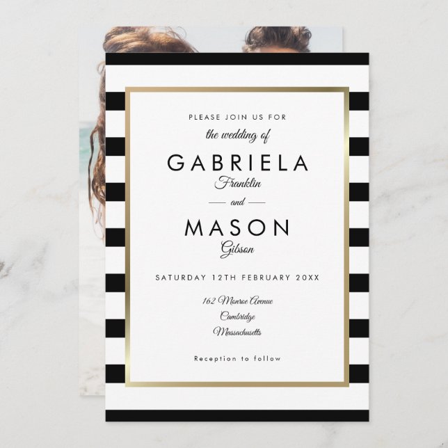 Elegant Black And White Stripe Photo Wedding Invitation (Front/Back)