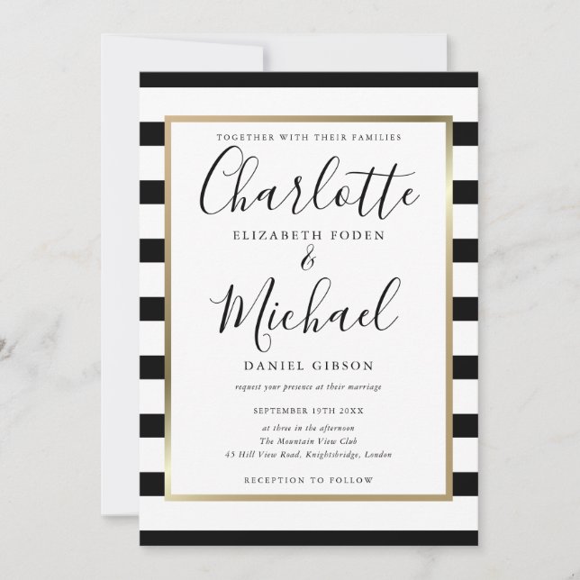 Elegant Black And White Stripe Script Gold Wedding Invitation (Front)