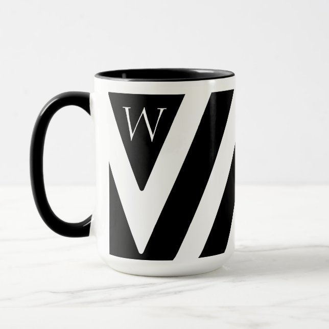 Elegant Black and White Striped Design Initial Mug (Left)