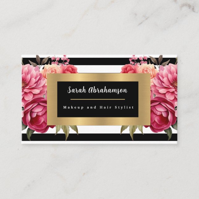Elegant Black and White Striped Floral Business Card (Front)