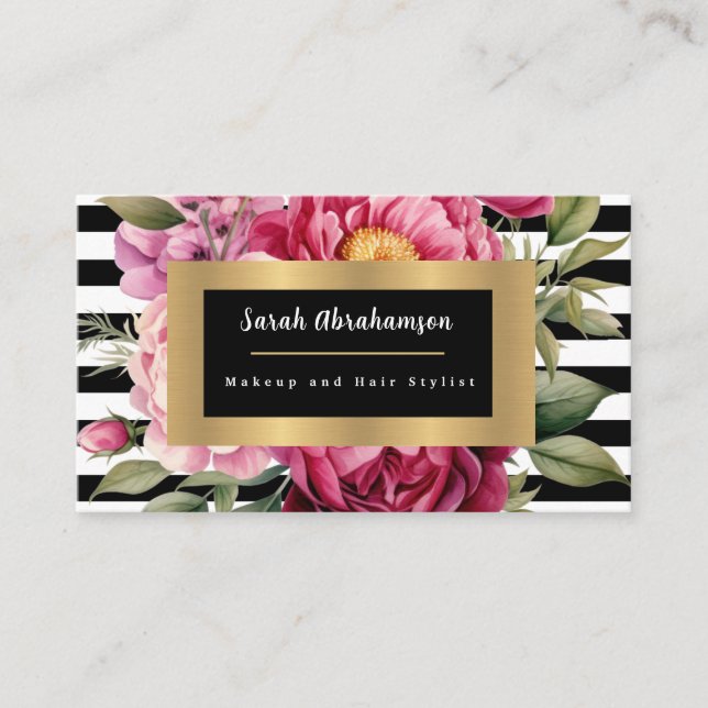 Elegant Black and White Striped Floral Business Card (Front)