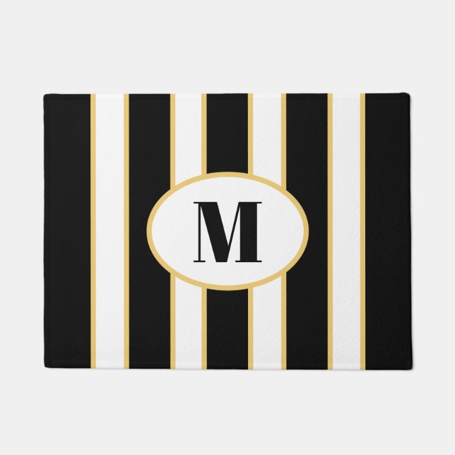 Elegant Black and White Striped Monogram Doormat (Front)