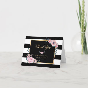 Elegant Black and White Striped Pink Floral Thank You Card