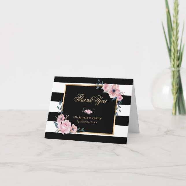 Elegant Black and White Striped Pink Floral Thank You Card (Front)