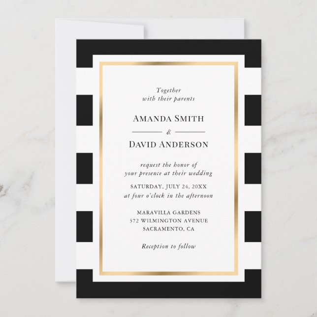 Elegant Black and White Striped Wedding Invitation (Front)