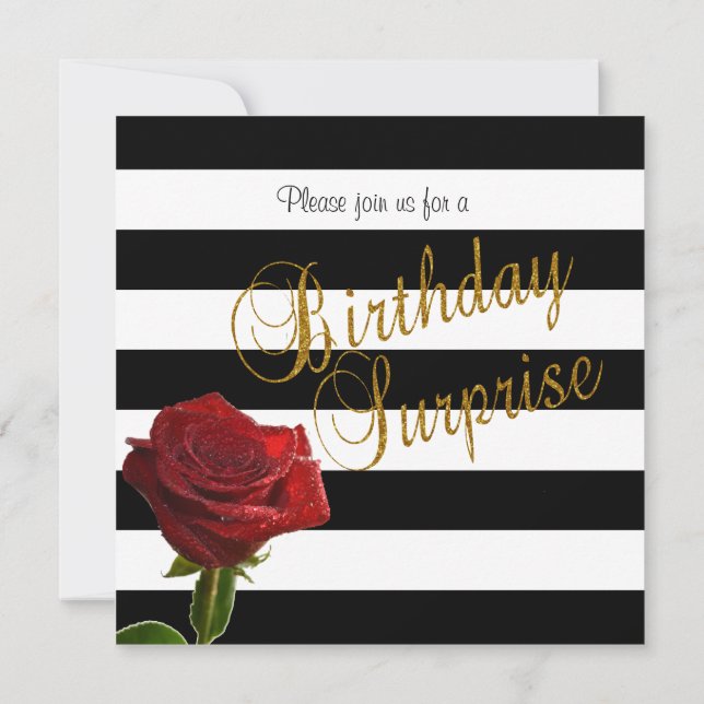 Elegant Black and White Stripes and Red Roses Invitation (Back)
