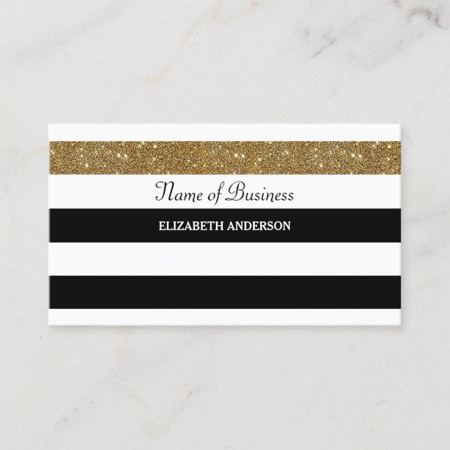 Elegant Black and White Stripes Gold FAUX Glitz Business Card (Front)